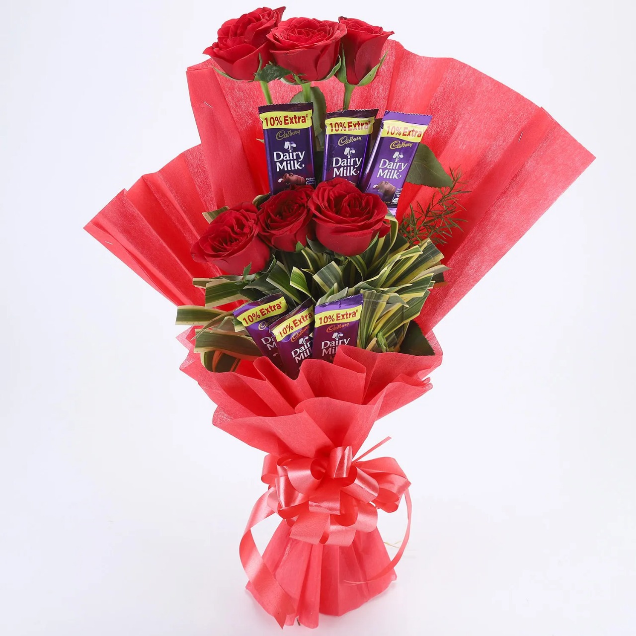 Ro. 49 499( 6 pcs Red roses with 6 cadbury Dairy Milk cover with red paper )
